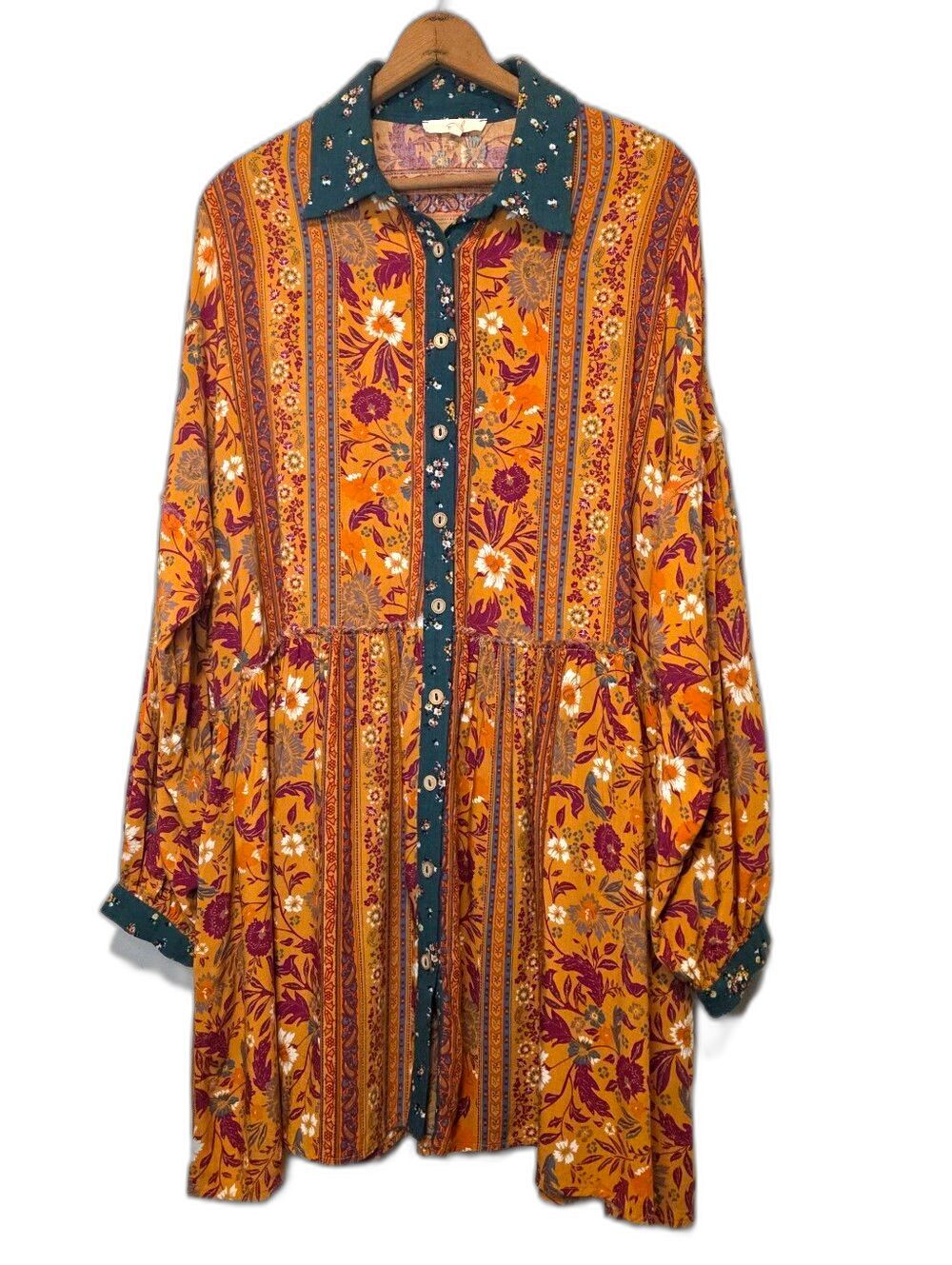Easel Floral Button Tiered Front Dress Puff Sleeves Lagenlook Boho Western Small